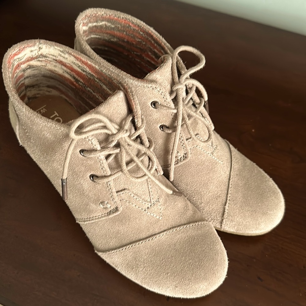 Tom’s Suede Wedge Booties, tan color, size 7, barely worn.